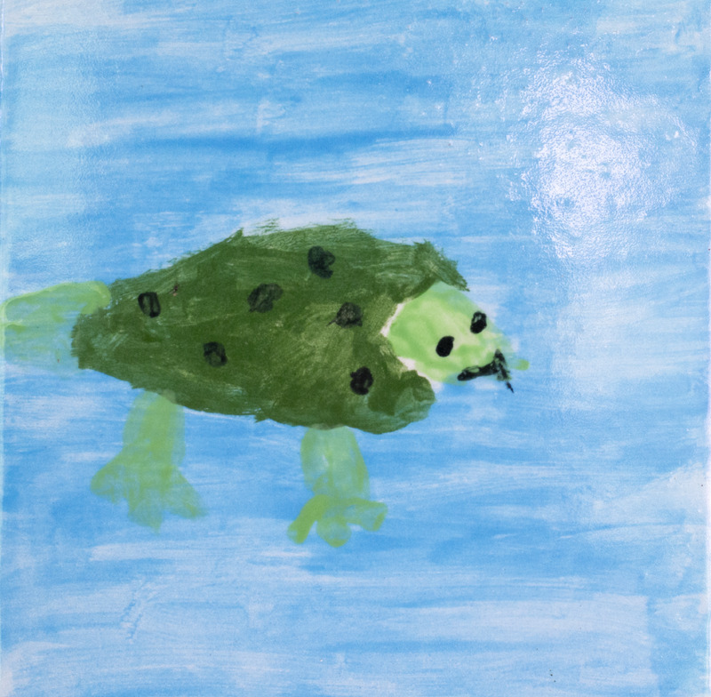 Painting of a green turtle with black spots swimming in blue water.
