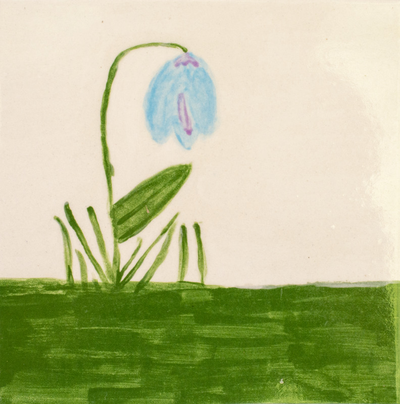 Painting of a blue flower with a green stem and leaf growing in the grass.