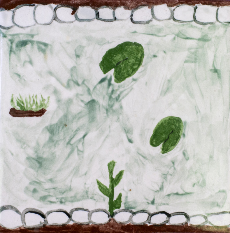Painting of lilypads and other aquatic plants in pond lined with rocks.