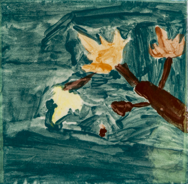 Painting of a brown branch with three light brown leaves, set against a dark teal background.