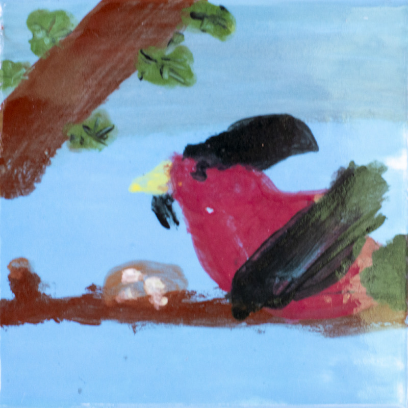 Painting of a red bird with a yellow beak and black wings perched on a tree branch against a blue sky.