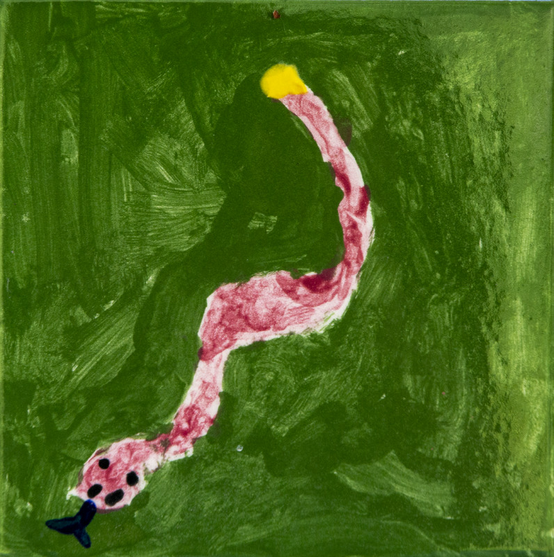 Painting of a pink snake with a dark tongue, winding across a green background.