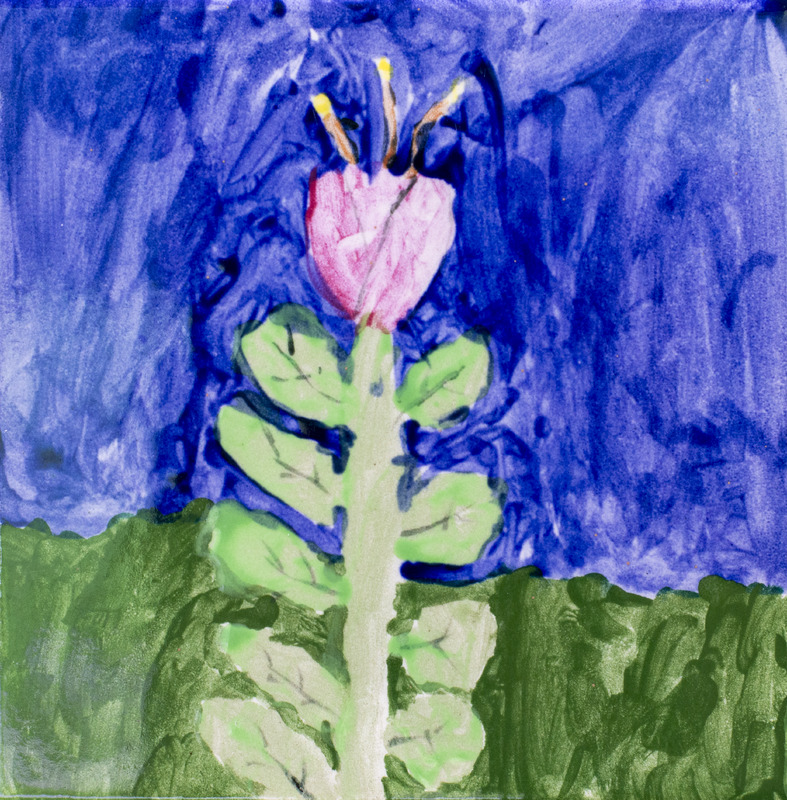Painting of a pink flower with yellow-tipped stamens and green leaves against a dark blue background above green grass.