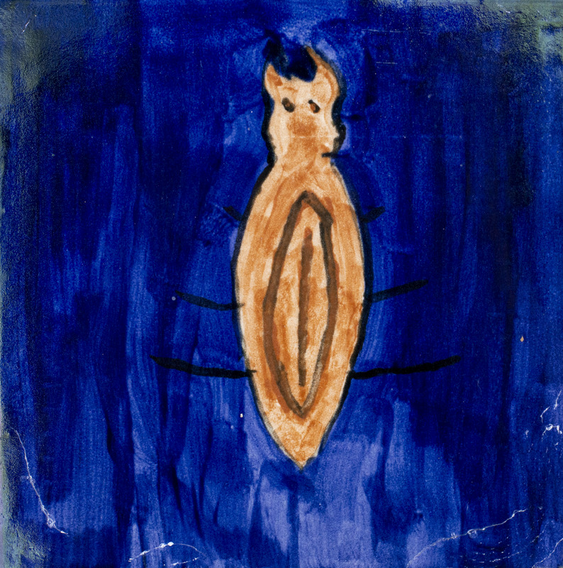 Painting of a brown water bug in the water.
