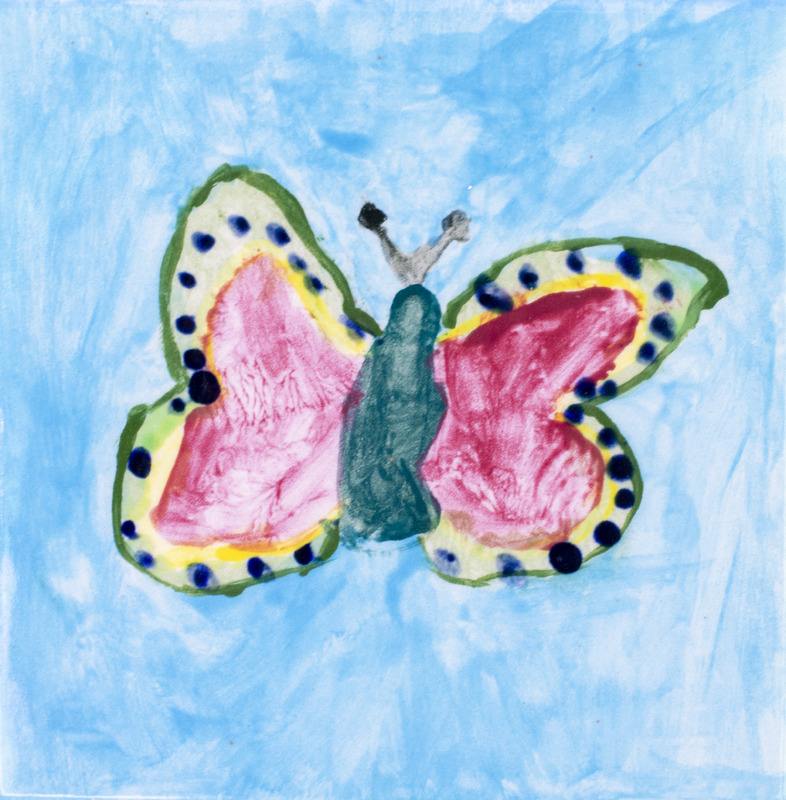 Painting of a colorful butterfly with a blue background.