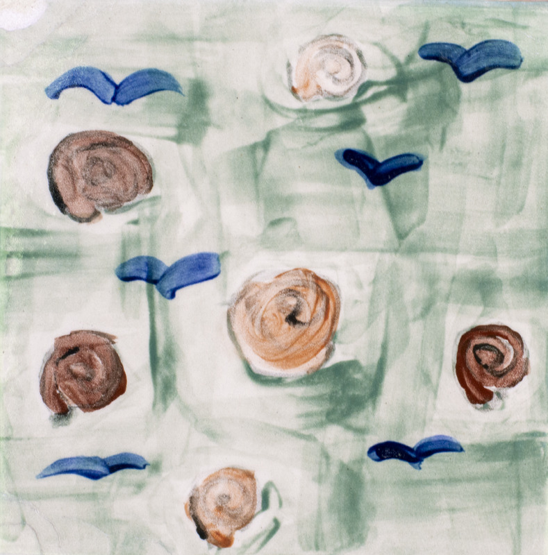 Painting of snails in the grass with birds in the background.