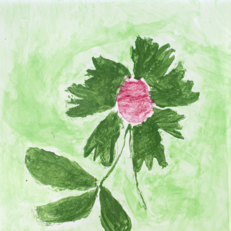 Painting of green flower with pink center.