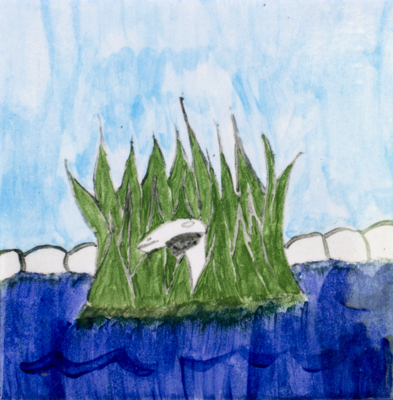 Painting of goose sitting in grass nearby water.