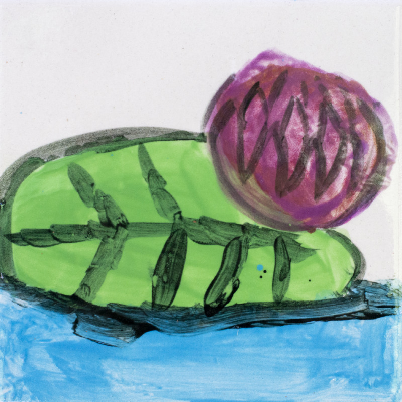 Painting of a purple water lily resting on a green lily pad floating on blue water.