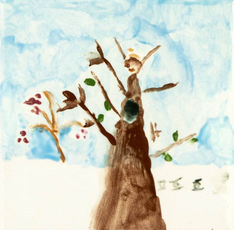 Painting of a tall brown tree with a dark cavity in its trunk and a small bird perched on a branch against a light blue sky
