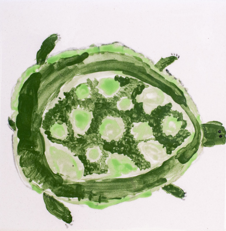Painting of green turtle against white background.