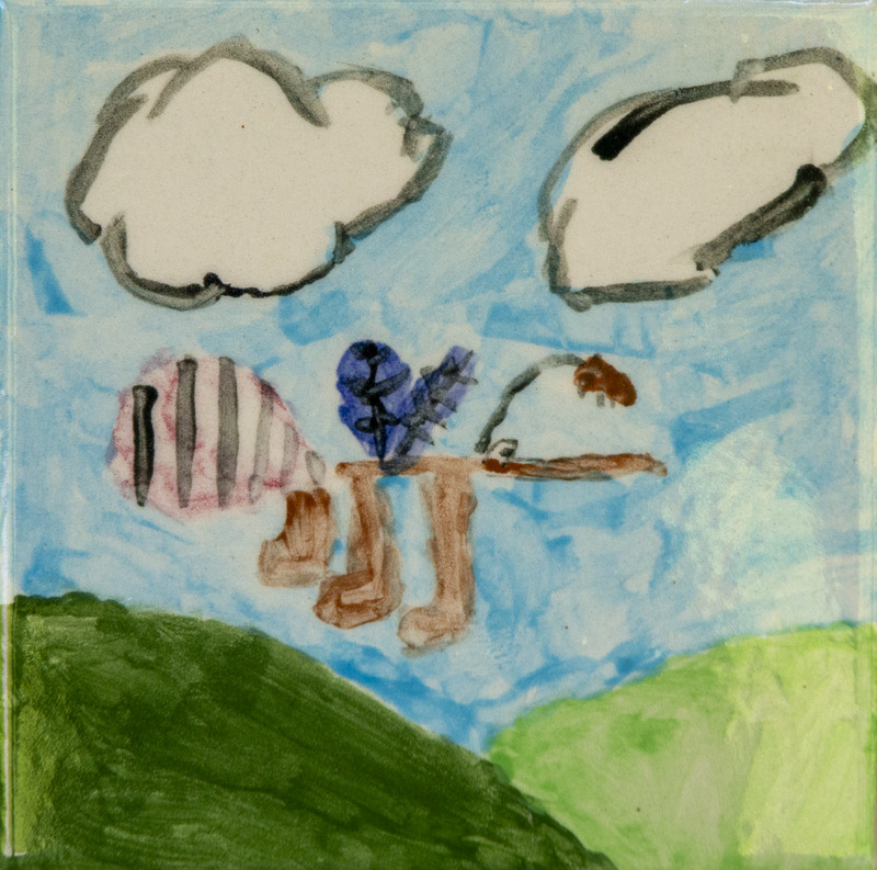 Painting of a mosquito with striped body and long legs flying over green hills under a blue sky with white clouds.