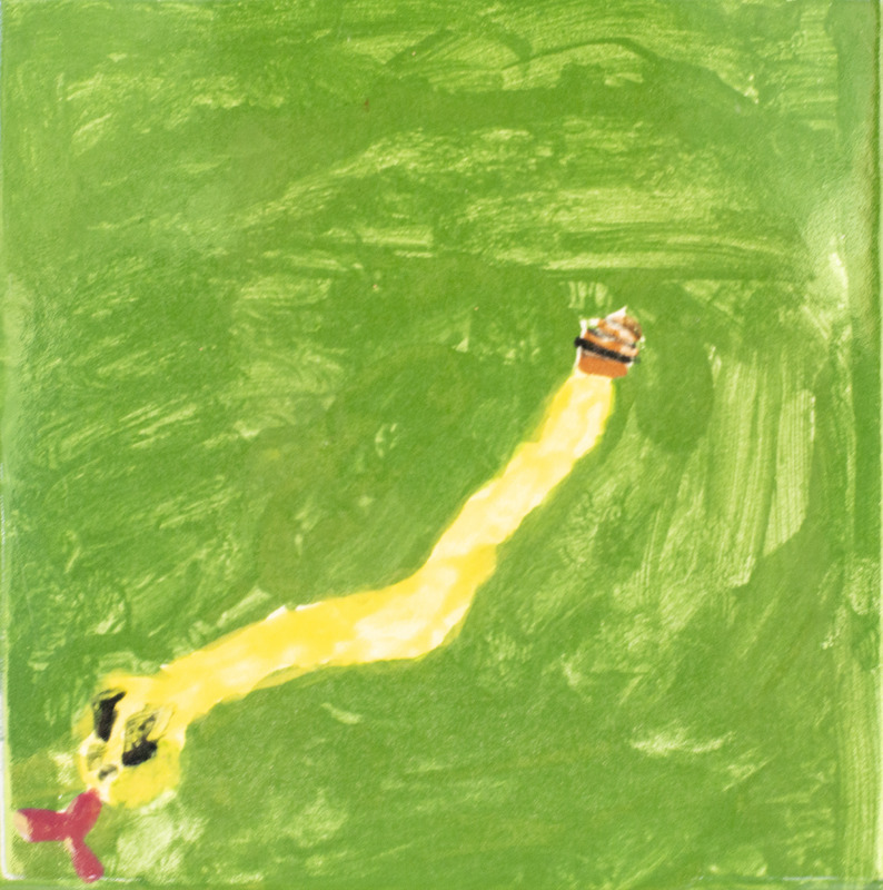 Painting of a yellow snake with a red tongue in a green background.
