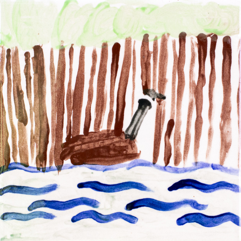 Painting of a Canada goose standing by water, with brown trees behind i and green treetops above.