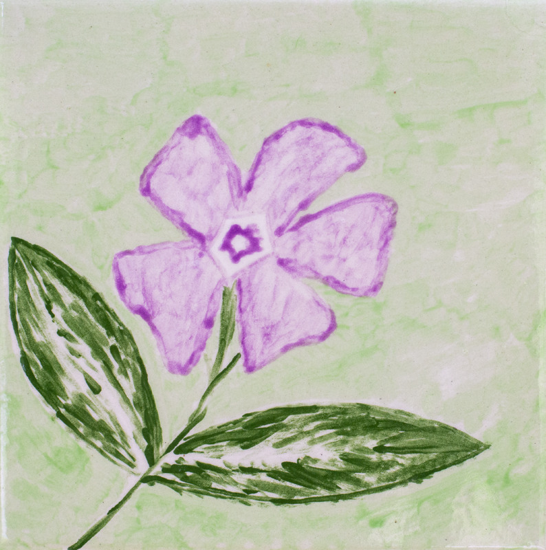 Painting of a purple five-petaled flower with green leaves on a light green background.