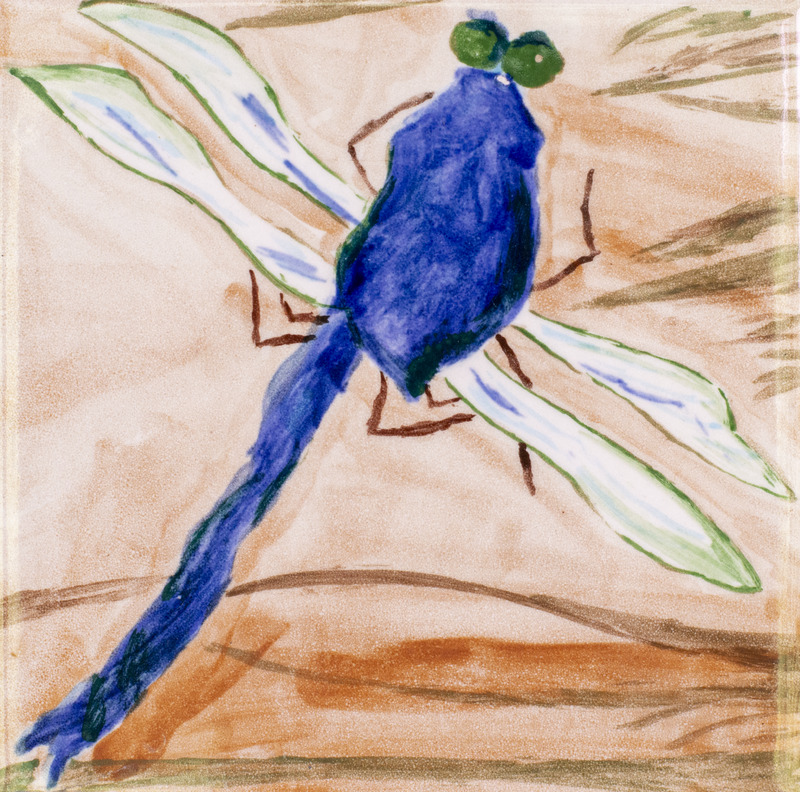 Painting of a dark blue dragonfly with white wings in front of a light brown background.