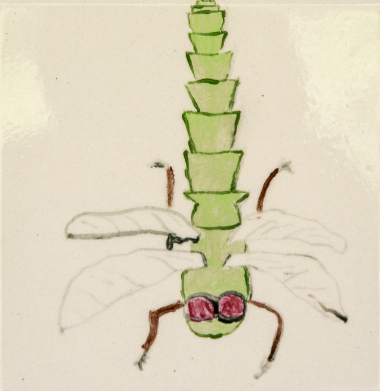 Painting of a green dragonfly with a long segmented body, large pink eyes, thin brown legs, and four translucent wings spread out.