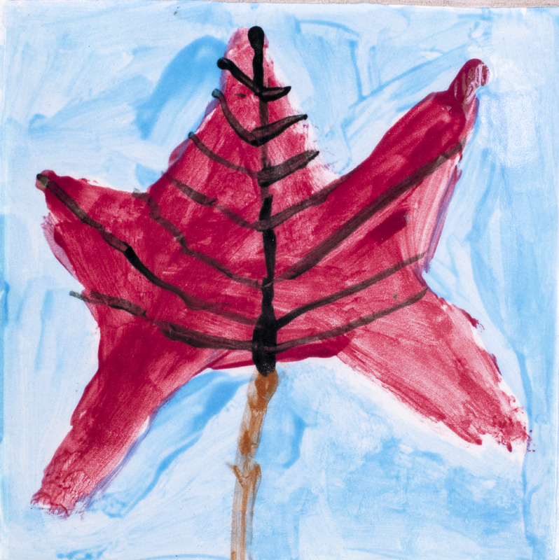 Painting of a dark pink maple leaf with dark veins and a brown stem, drawn against a light blue background.