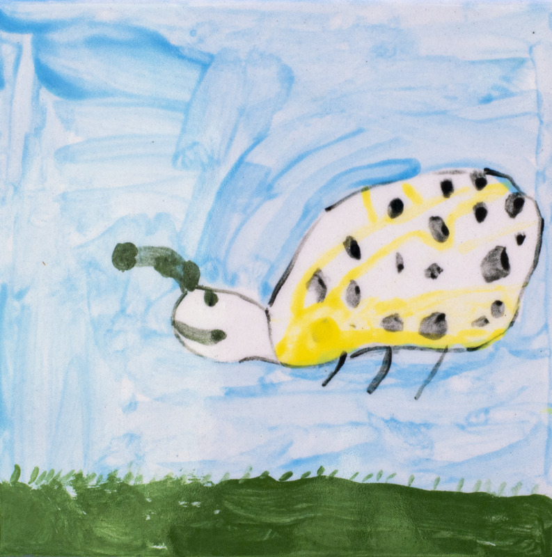 Painting of a yellow and white butterfly with black spots and green antennae flying over green grass under a light blue sky.
