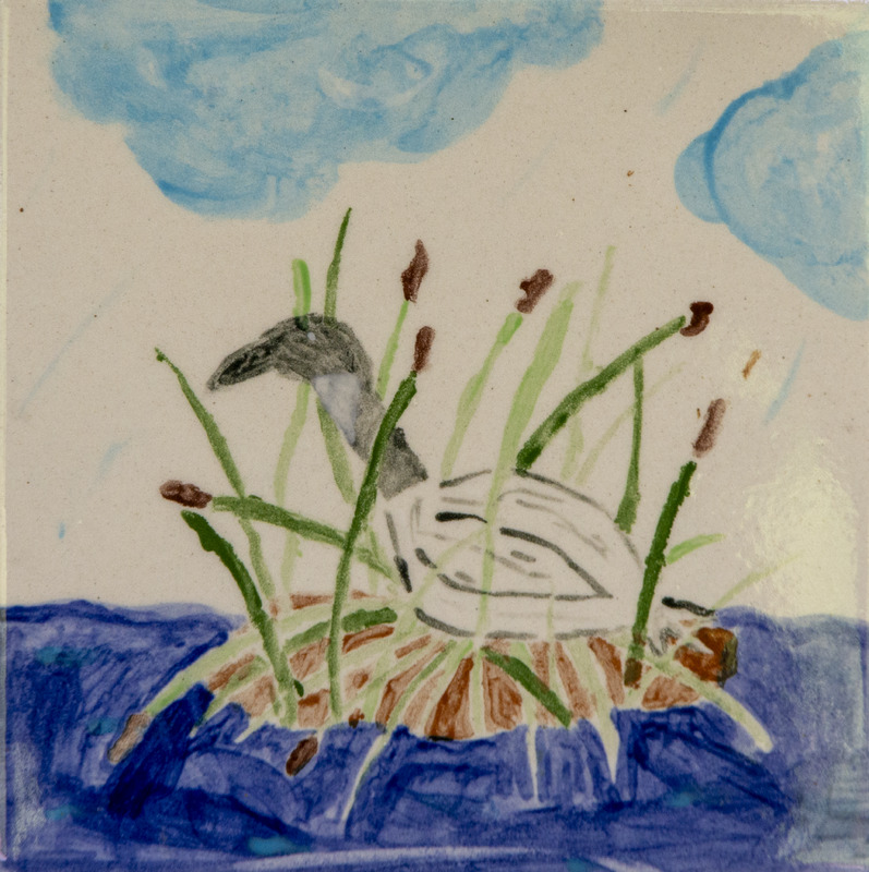 Painting of a goose resting on a small grassy island with reeds, surrounded by blue water under a cloudy sky.