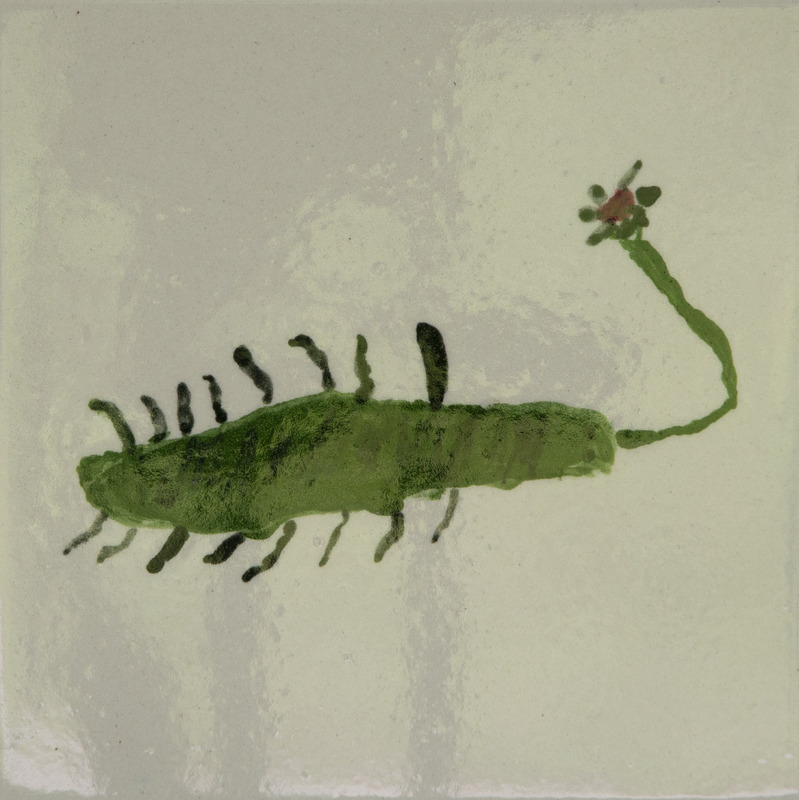 Painting of a green water bug with a long body, short legs along the sides, and a thin tail.