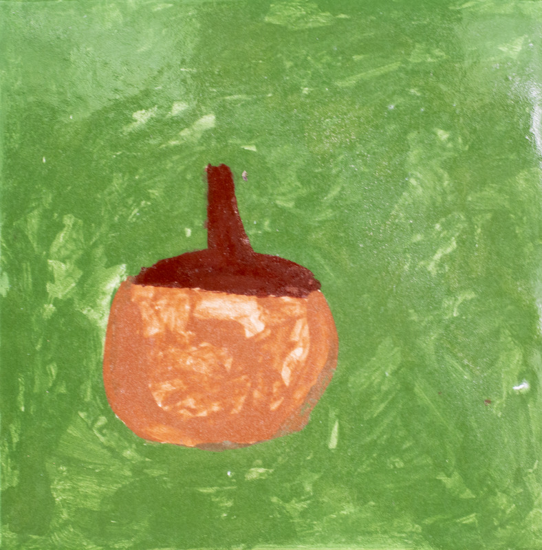 Painting of a brown acorn with a dark head, set against a green background.