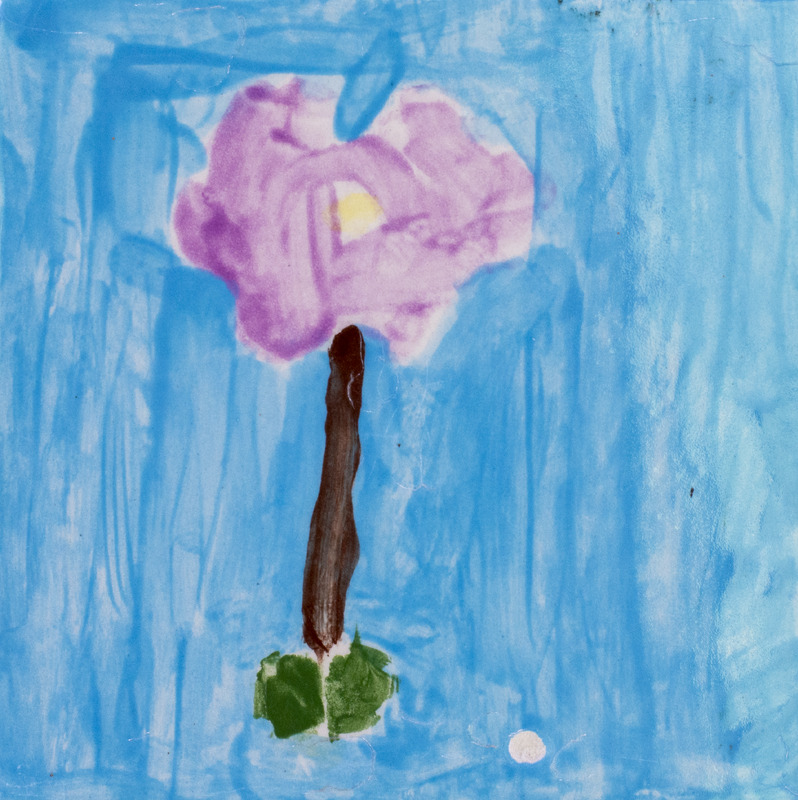 Painting of a purple flower with a blue background.