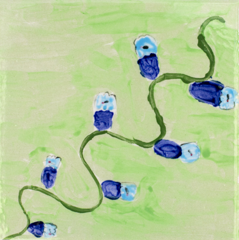 Painting of a green vine with blue flowers in front of a green background.