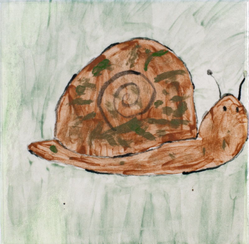 Painting of brown snail with brown shell with green stripes against green background.