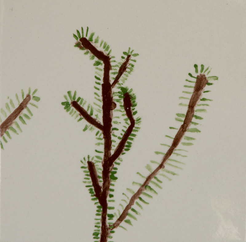 Painting of brown pine branches with short green needles extending from both sides.
