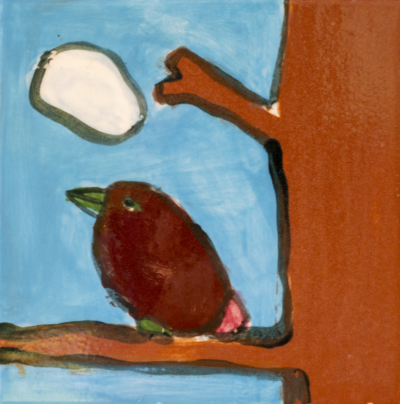 Painting of a brown bird with a green beak sitting on a tree branch in front of a blue sky with a cloud.