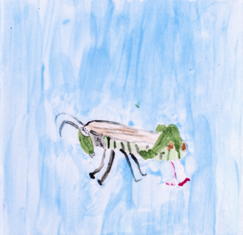 Painting of a green and tan grasshopper with long antennae and black legs against a light blue background.