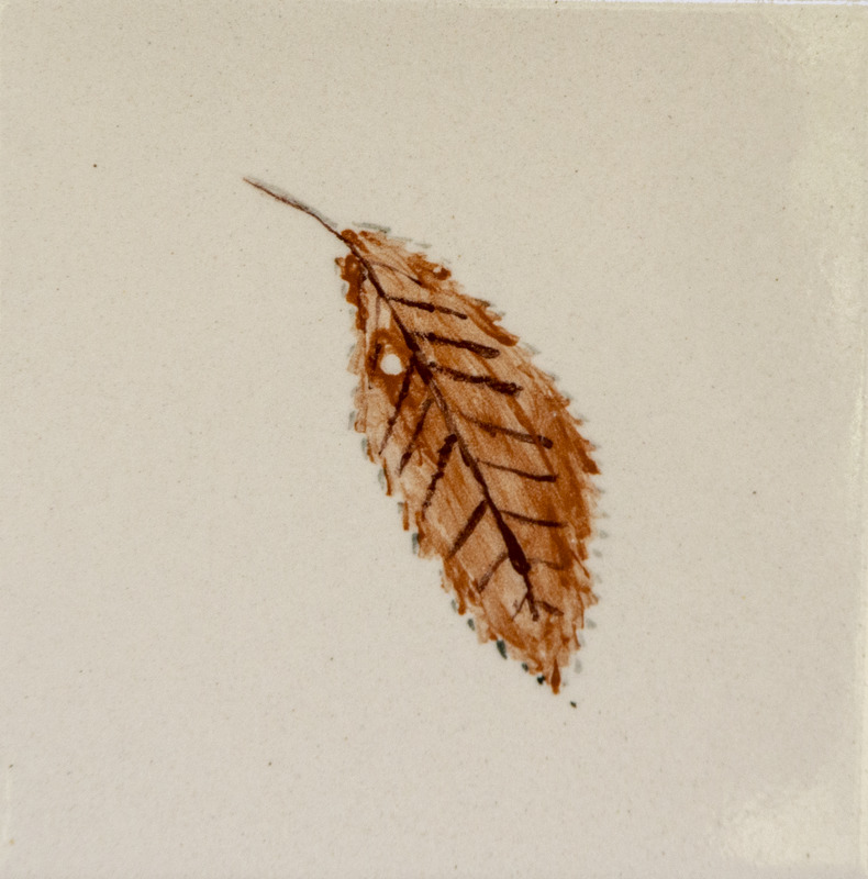 Painting of a single brown leaf with visible veins, curved shape, and spiky edges.