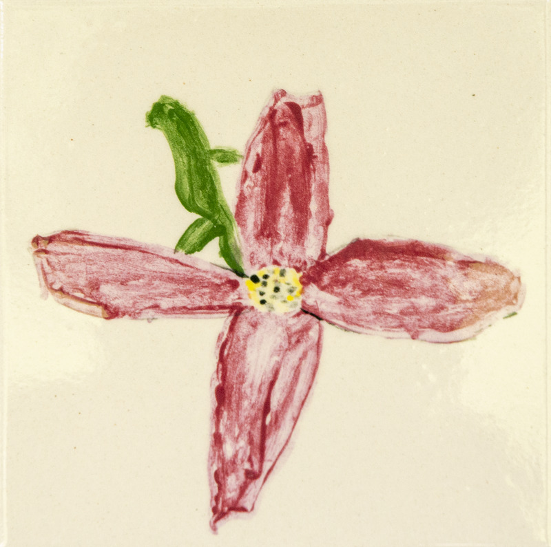 Painting of a pink dogwood flower with four broad petals, a yellow and black speckled center, and two small green leaves.
