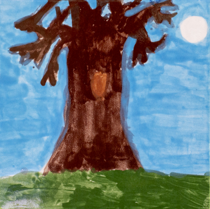 Painting of a brown tree on grass with a blue background.