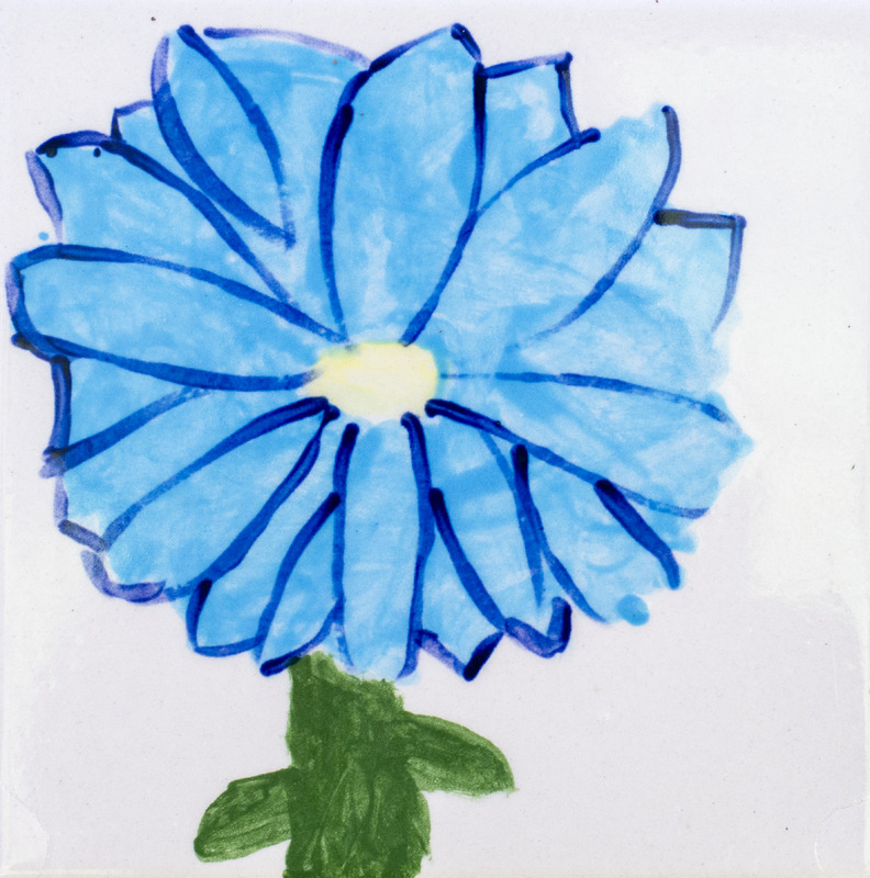 Painting of blue flower with many petals.