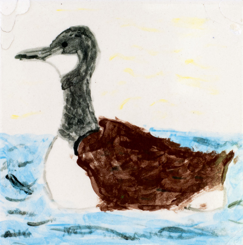 Painting of Canada Goose swimming in water against white and yellow sky.
