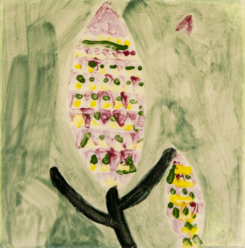 Painting of two cone-shaped flowers with pink, yellow, and green dotted patterns growing from a dark branch.