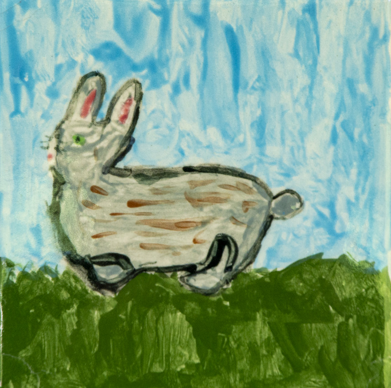 Painting of a gray and brown rabbit with pink ears, sitting on green grass under a blue sky.