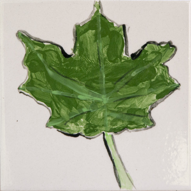 Painting of a green maple leaf with visible veins and a short stem, outlined in black.