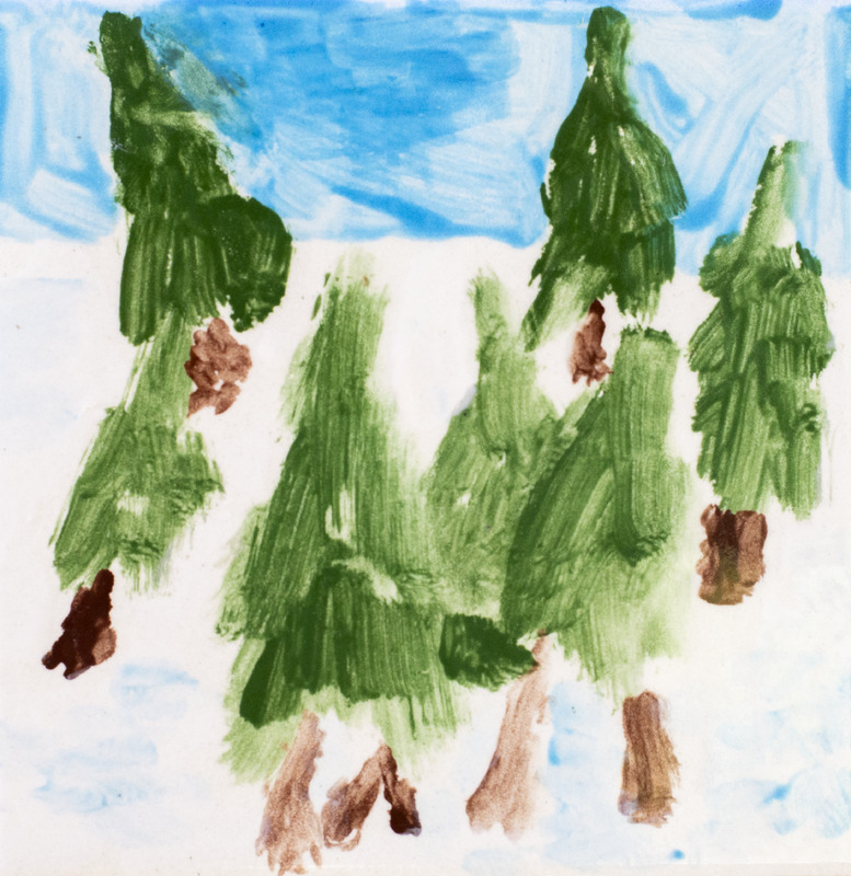 Painting of seven pines in snow with blue sky.