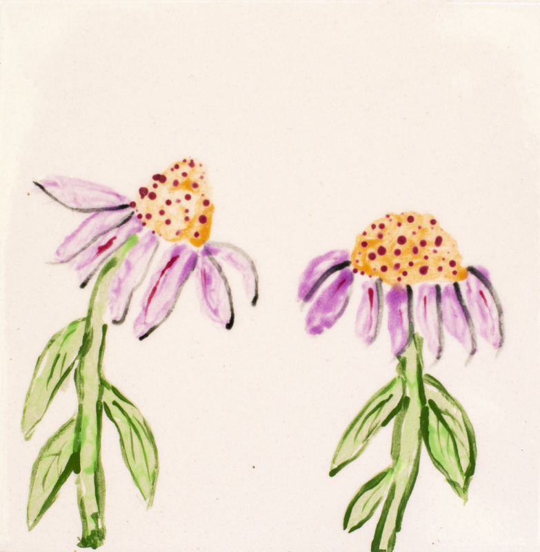 Painting of a pink coneflower with a yellow middle, red spots, and long green leaves and stems.