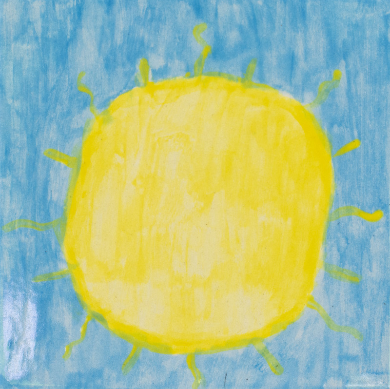 Painting of a large yellow sun in a bright blue sky.