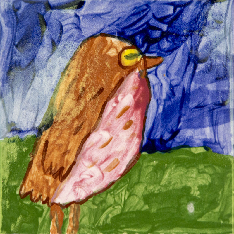 Painting of a brown robin with a pink chest standing on green grass against a blue background.