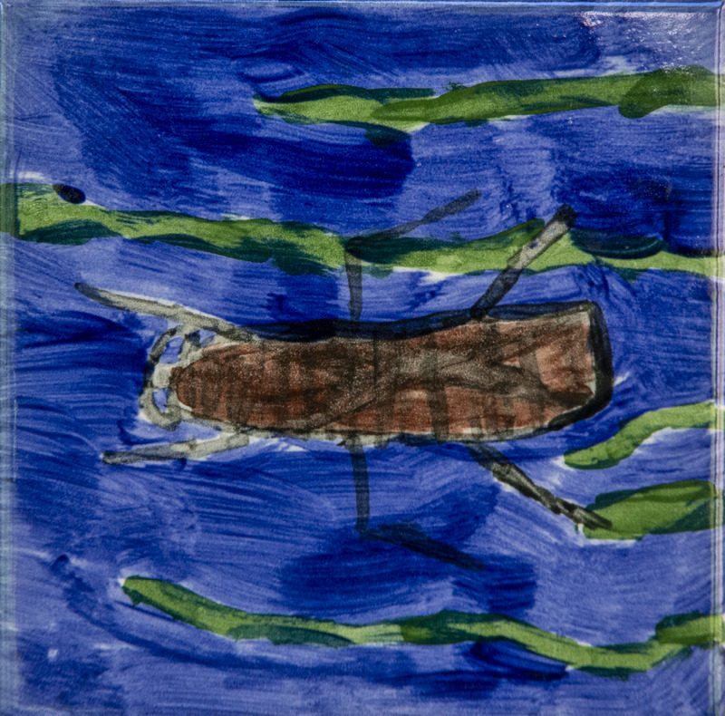Painting of a brown insect swimming in blue water, surrounded by green plants.