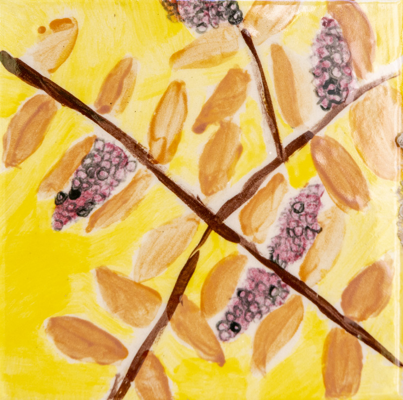 Painting of brown branches with pink clustered berries and tan leaves against a bright yellow background.