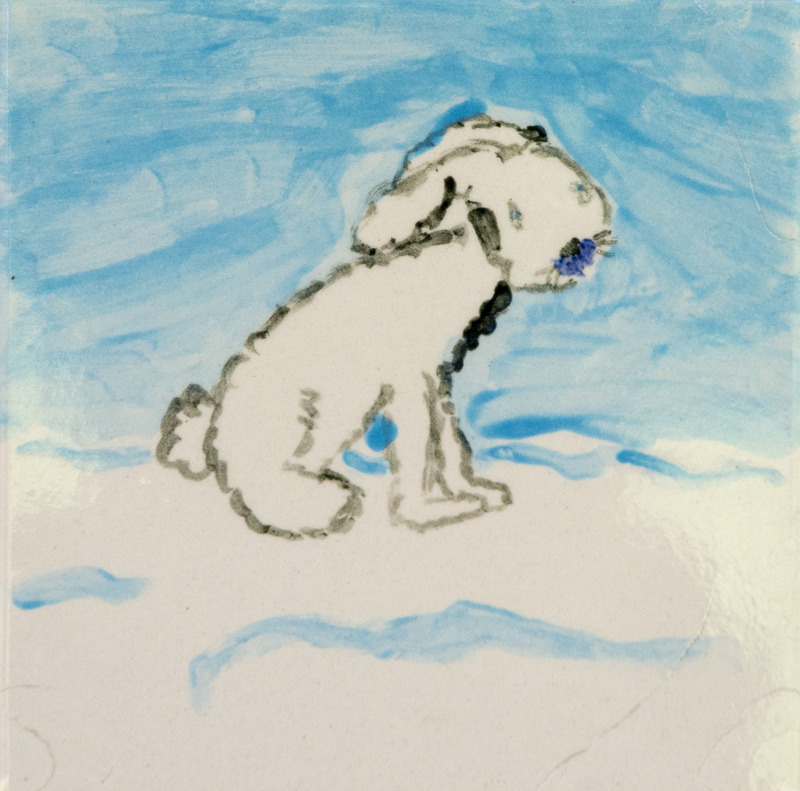 Painting of a white rabbit sitting in snow under a blue sky.