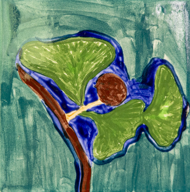 Painting of a green ginkgo leaf with a brown round seed attached to a thin stem, set against a textured blue-green background.