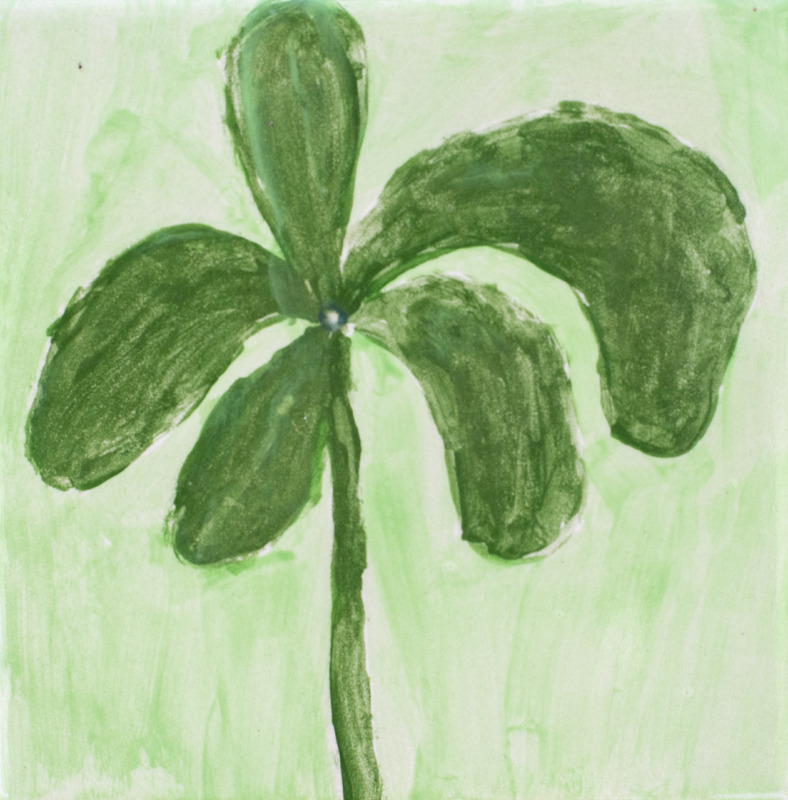 Painting of a green plant with five broad leaves and a long stem on a light green background.