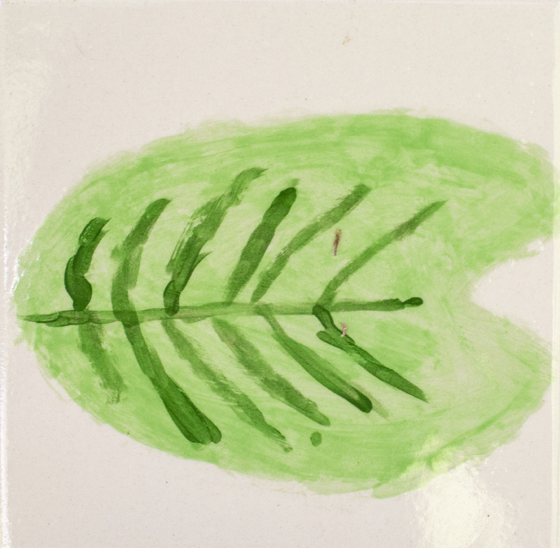 Painting of a green lilypad with dark green veins over a white background.